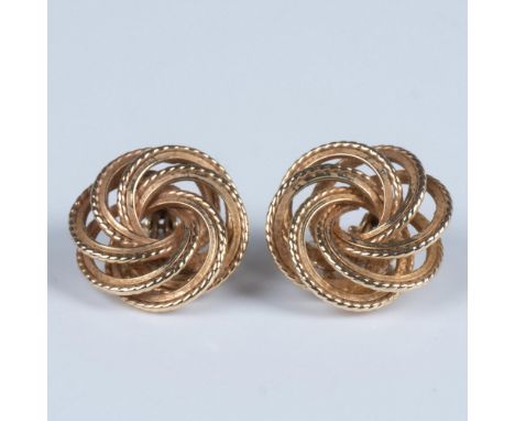 Sophisticated round knot design with etching and clip on back. 14K impressed mark. Weight 8.19g. Issued: 20th centuryDimensio