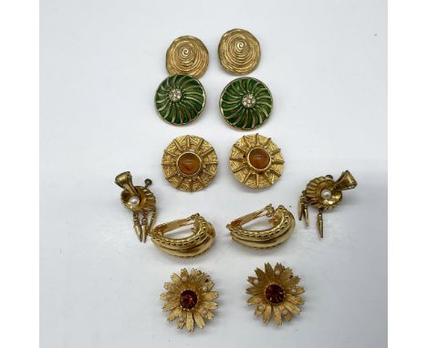 Lovely grouping of earrings including round with green enamel pierced; Clip earrings with centered stones and 1 screw back wi