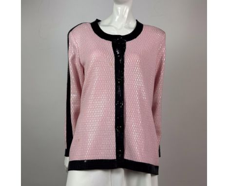 This elegant color block pattern button down jacket features pink and black rectangular sequin embellishment and shoulder pad