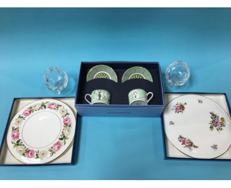 A boxed pair of Dartington Crystal brandy balloon glasses, a boxed Wedgwood 'Millennium' set, and two Worcester 'Royal Garden