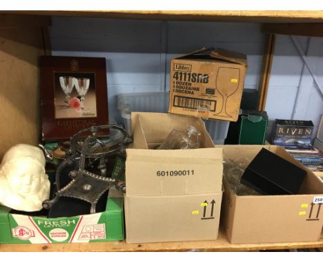 A shelf of assorted, to include a plated pot stand etc.