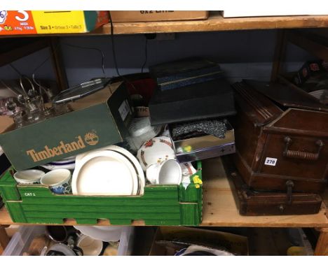 A shelf of assorted, to include a sewing machine etc.