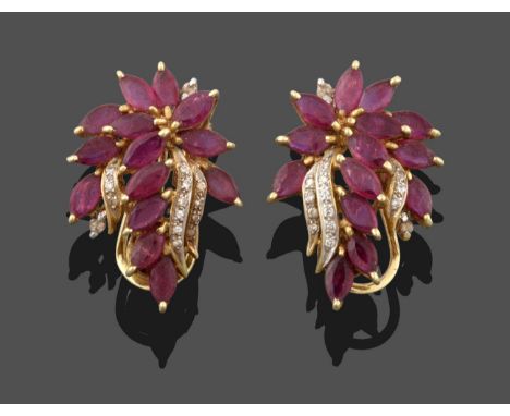 A Pair of Ruby and Diamond Spray Earrings, leaf sprays set with marquise cut rubies in yellow claw settings and round brillia