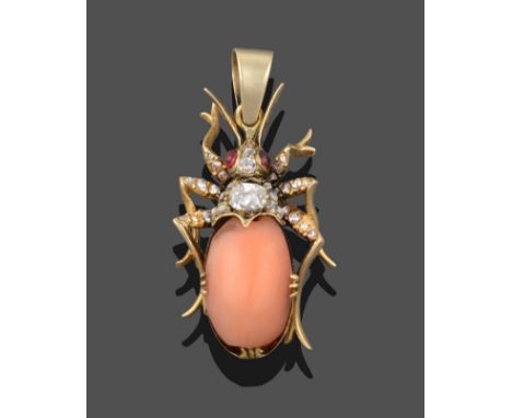 A Coral, Diamond and Red Stone Beetle Pendant, the beetle realistically modelled with a cabochon coral body, cabochon red sto