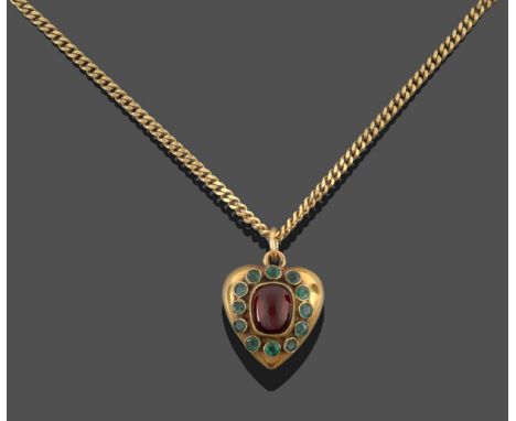 A Garnet and Emerald Pendant on Chain, the heart shaped pendant with a cabochon garnet centrally in a yellow millegrain setti