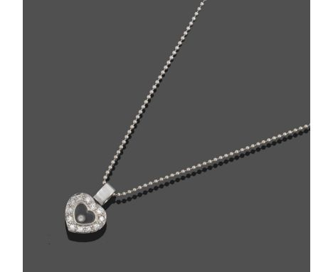 A 'Floating' Diamond Pendant on Chain, a heart shaped pendant inset with round brilliant cut diamonds, with a central glazed 