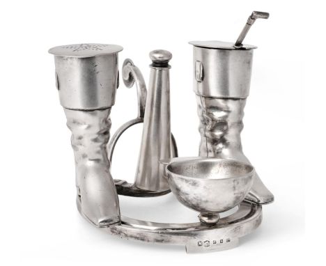 A Victorian Silver Plated Novelty Condiment-Set, by Elkington and Co., Birmingham, Late 19th Century, the base modelled as a 