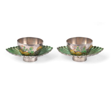 A Pair of Chinese Enamelled Silver Cups and Saucers, With Chinese Character Mark, Probably 19th Century, the cups each taperi