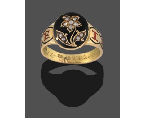 A Diamond and Enamel Mourning Ring, rose cut diamonds in the form of a floral motif on a black enamel background, the shank e