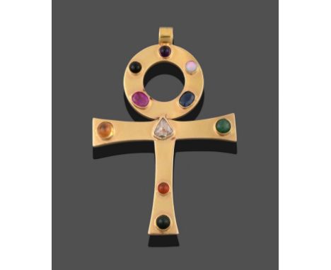 A Multi-Gem Set Cross Pendant, the cross motif set throughout with amethyst, opal, sapphire, ruby, onyx, citrine, diamond, ja