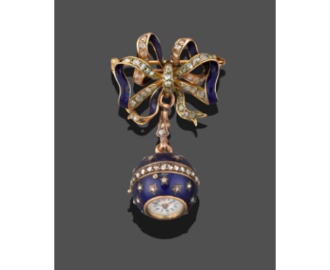 A Lady's Enamel and Diamond Set Ball Fob Watch, circa 1920, gilt finished lever movement numbered 11041, enamel dial with Ara