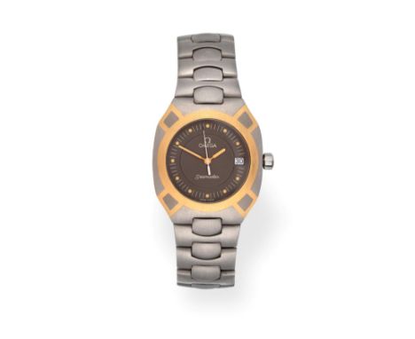 A Titanium and Gold Calendar Centre Seconds Wristwatch, signed Omega, 120m, model: Seamaster, circa 1985, quartz movement, gr