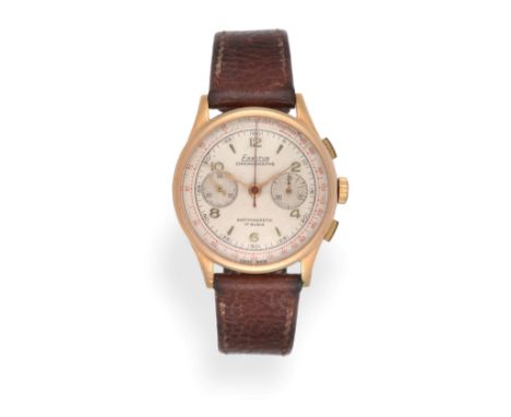 An 18 Carat Gold Chronograph Wristwatch, signed Exactus, circa 1950, lever movement, silvered dial with Arabic numerals and d