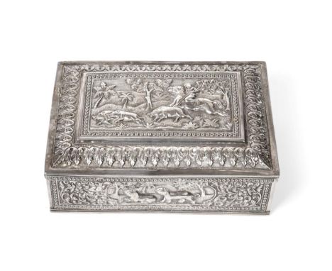 An Indian Silver Cigar-Box, Apparently Unmarked, probably Late 19th/Early 20th Century, oblong, the hinged cover chased with 