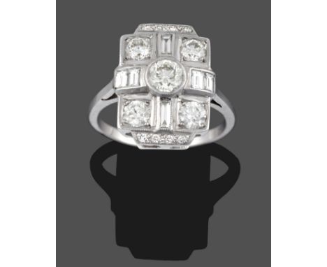 An Art Deco Style Diamond Cluster Ring, the plaque form inset with round brilliant and baguette cut diamonds in white claw an