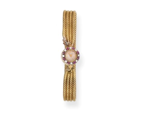 A Lady's 18 Carat Gold Diamond and Ruby Set Wristwatch, signed Blancpain, 1959, lever movement, silvered dial with Arabic and