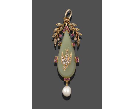 A French Ruby, Chalcedony, Cultured Pearl and Diamond Pendant, circa 1890, the pear shaped chalcedony inset with rose cut dia