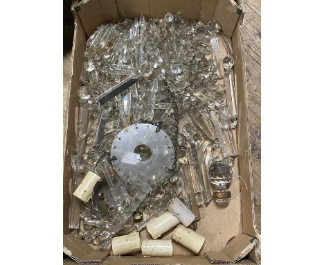 A box full of vintage glass drops and accessories for lustres and ceiling lights etc.  No shipping 
