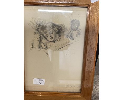 A vintage framed pencil sketch 'Good Night' 36cm x 27cm 