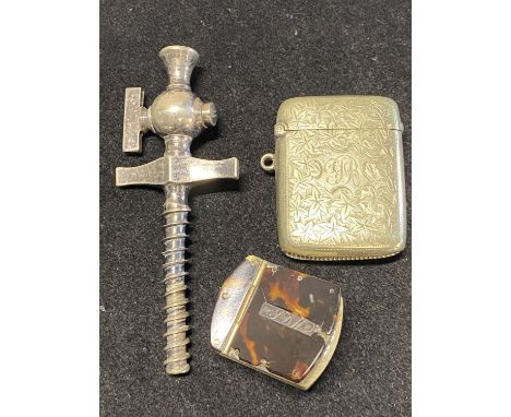 Three collectibles including an antique bone &amp; tortoise shell pocket snuff box. 
