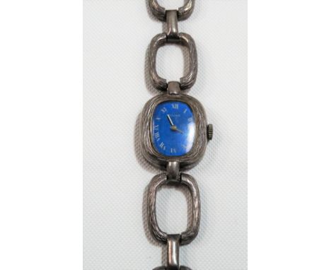 Retro silver ladies manual wind wristwatch, the blue dial signed Ciconia &amp; with a textured link bracelet, the case &amp; 