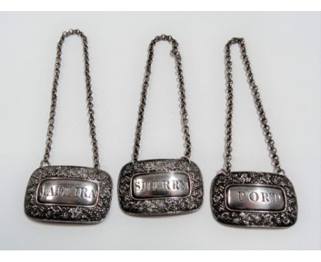 Set of three Georgian decanter labels, 'Port', 'Madeira' &amp; 'Sherry', maker J Taylor, London 1826, weight 0.95oz approx