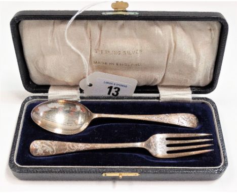 George V silver cased Christening fork and spoon, foliate engraved, maker MH &amp; Co Ld, weight 1.50oz approx.