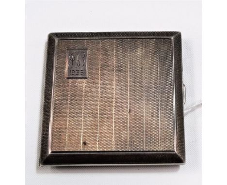 George V silver engine turned cigarette case with engraved monogram and date 1935, maker A.S, Birmingham 1928, weight 3.85oz 
