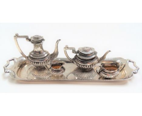 Modern silver miniature dolls house five piece tea service upon tray, maker AM &amp; Co, Birmingham 1972, weight 2.15oz appro