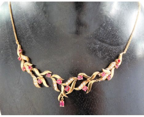 High purity gold diamond &amp; ruby set pendant necklace, stamped 22k, length 45cm, weight 16.9g approx