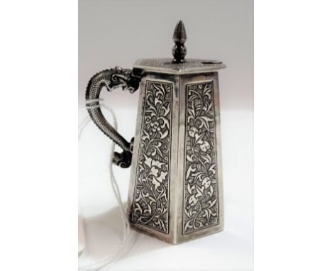 Chinese silver hexagonal section hinge lidded condiment pot with dragon handle, foliate scroll embossed and chased, indistinc