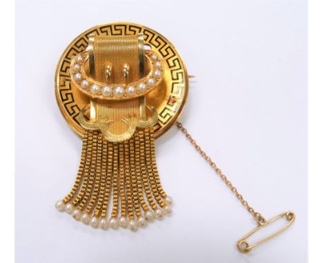 Good 19th Century French gold brooch with black enamel Greek key pattern to the edge &amp; with engine turned buckle design s