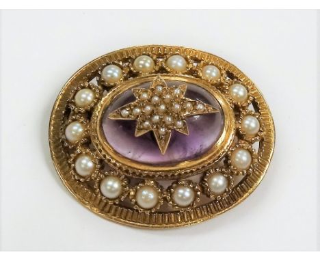 9ct hallmarked gold cabochon amethyst &amp; pearl set oval brooch, the cabochon amethyst applied with a star motif with seed 