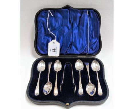 Edwardian silver cased set of six demi-tasse spoons and sugar tongs, foliate bright cut, maker HA, Sheffield 1909, weight ove