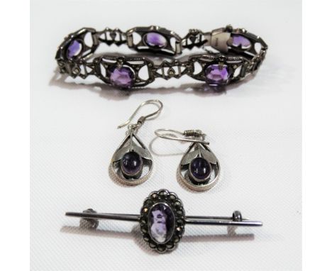 Silver amethyst &amp; marcasite link bracelet, stamped silver; together with a pair of silver amethyst drop earrings &amp; an