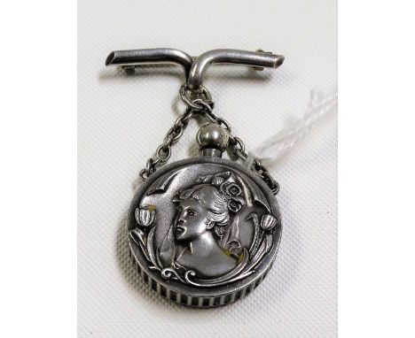 Edwardian silver Art Nouveau design double-sided scent bottle with suspension chain &amp; pin brooch, each side embossed with
