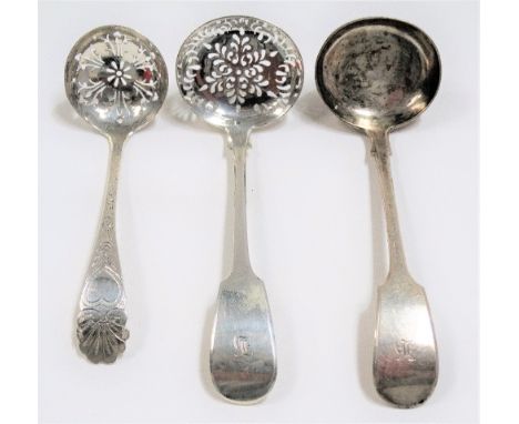 Victorian silver fiddle pattern sauce ladle and sifter spoon, maker JS, Exeter 1852 &amp; 1854; together with an Edwardian si