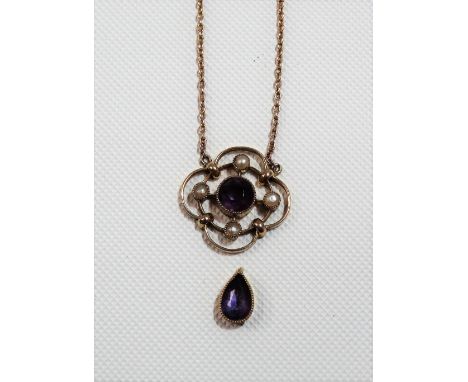 9ct gold amethyst &amp; seed pearl pendant necklace, the openwork pendant with a cut amethyst &amp; four seed pearls, with br