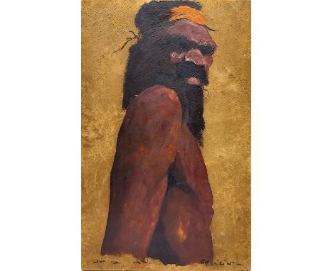 James Egan (Australian 1929-2017): Portrait of an Australian Aboriginal, oil on leather/hide indistinctly signed and titled, 