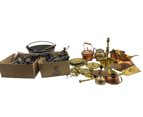Quantity of paraffin lamp / blow torches together with quantity of copper, brassware and pewter in four boxes 