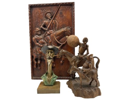Composite model bust of Don Quixote on base; together with Spanish carved Ouro model of Don Quixote and Sancho Panza on horse