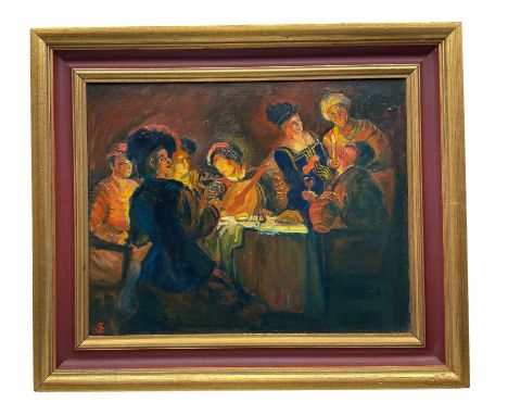 Continental School (20th century): Dinner Party with Lute Player, oil on board signed with monogram 39cm x 49cm