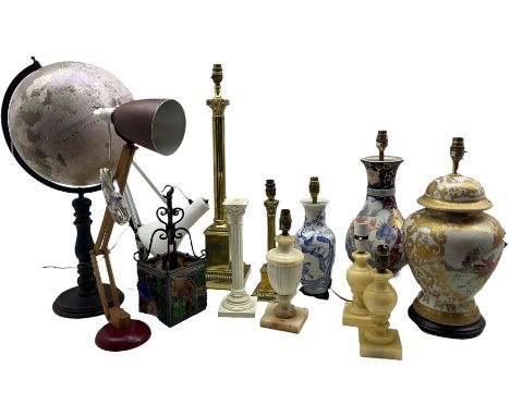 Two brass lamps of corinthian form, three lamp bases featuring Chinese and Japanese decoration, three other onyx lamps of urn