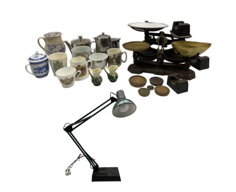 Quantity of commemorative mugs and metal ware together with two sets of kitchen scales and angle poise lamp with weighted bas