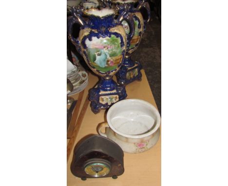 A pair of blue ground pottery vases decorated with figures together with a barometer and a chamber pot