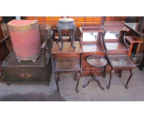 An Edwardian mahogany coal purdonium together with a mahogany bedside cabinet, mahogany occasional table, Chinese hardwood oc