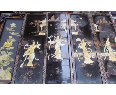 A set of four Japanese lacquer and mother of pearl panels, together with a hardstone set example