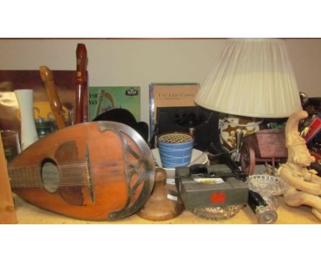 A Paragon part tea set together with a Shelley teapot, other part tea sets, records, table lamp, books, flatwares, mandoline,