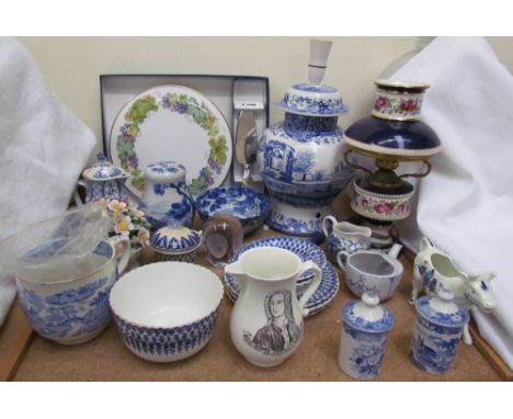 A blue and white pottery table lamp together with a faux oil lamp, blue and white part tea set, blue and white pot pourri vas