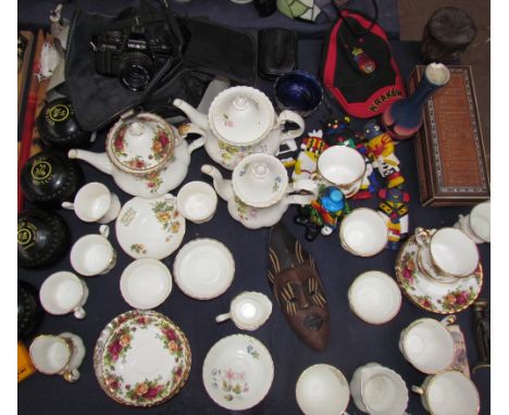 Thomas Taylor lawn bowls together with a Royal Albert Old Country Roses pattern part tea set, Inlaid Indian glove box, Minolt